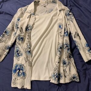 White and blue shirt and cardigan top